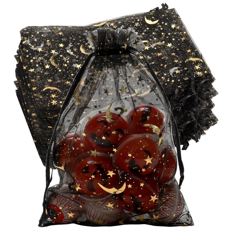 SUNGULF 100Pcs 5x7 Inches Sheer Drawstring Organza Bags Stars and Moon Wedding Party Favor Jewelry Candy Gift Pouches (Black) - Image 1